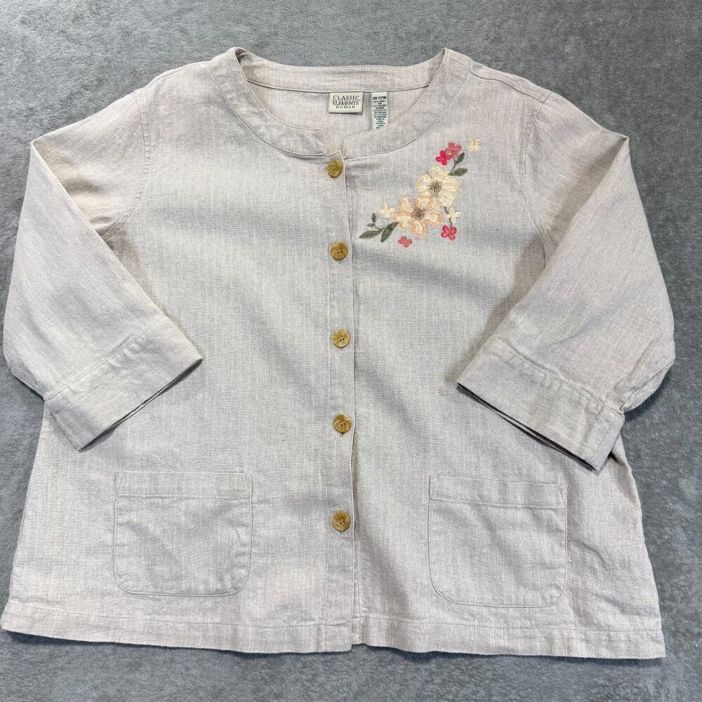 Classic Elements Womens Button Up Top Jacket Linen Blend Embroidered 20-22W